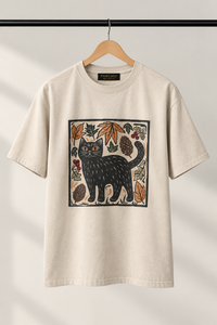 Autumn Cat Linocut – Beige Tee