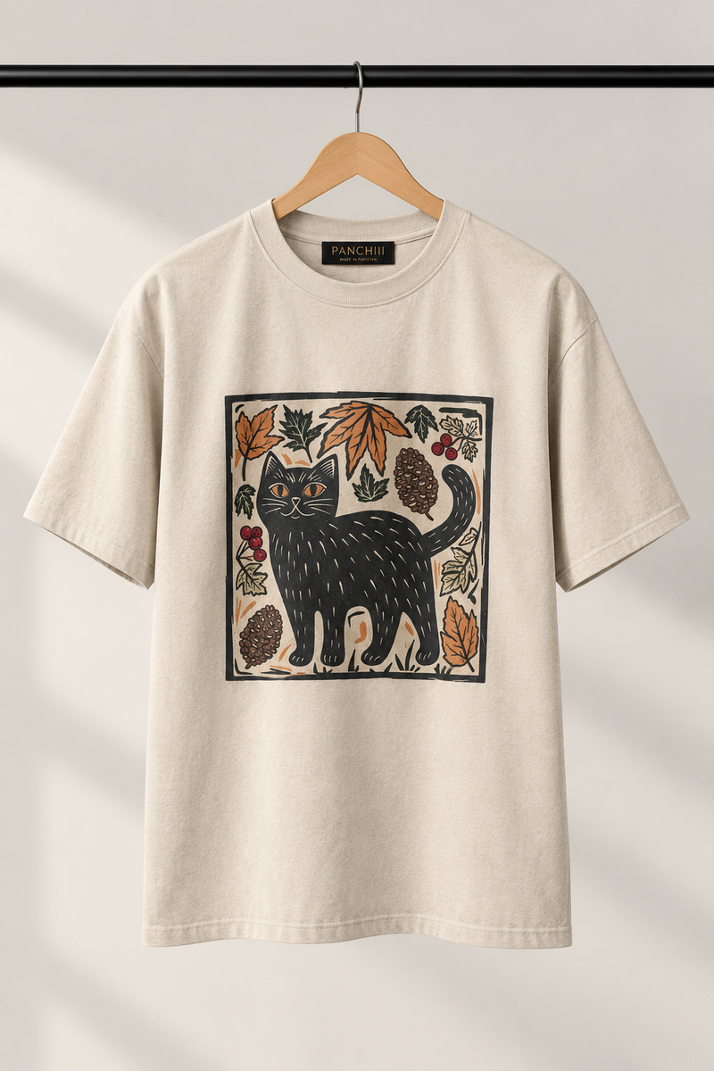 Autumn Cat Linocut – Beige Tee