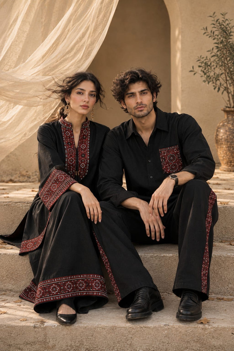 Jet Black Ajrak Khaddar Co-Ord Set - Male