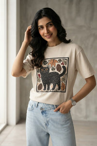 Autumn Cat Linocut – Beige Tee