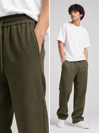 Waffle Knit Relaxed Straight Trousers — Army Green