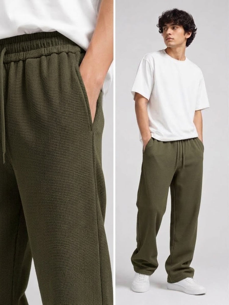 Waffle Knit Relaxed Straight Trousers — Army Green