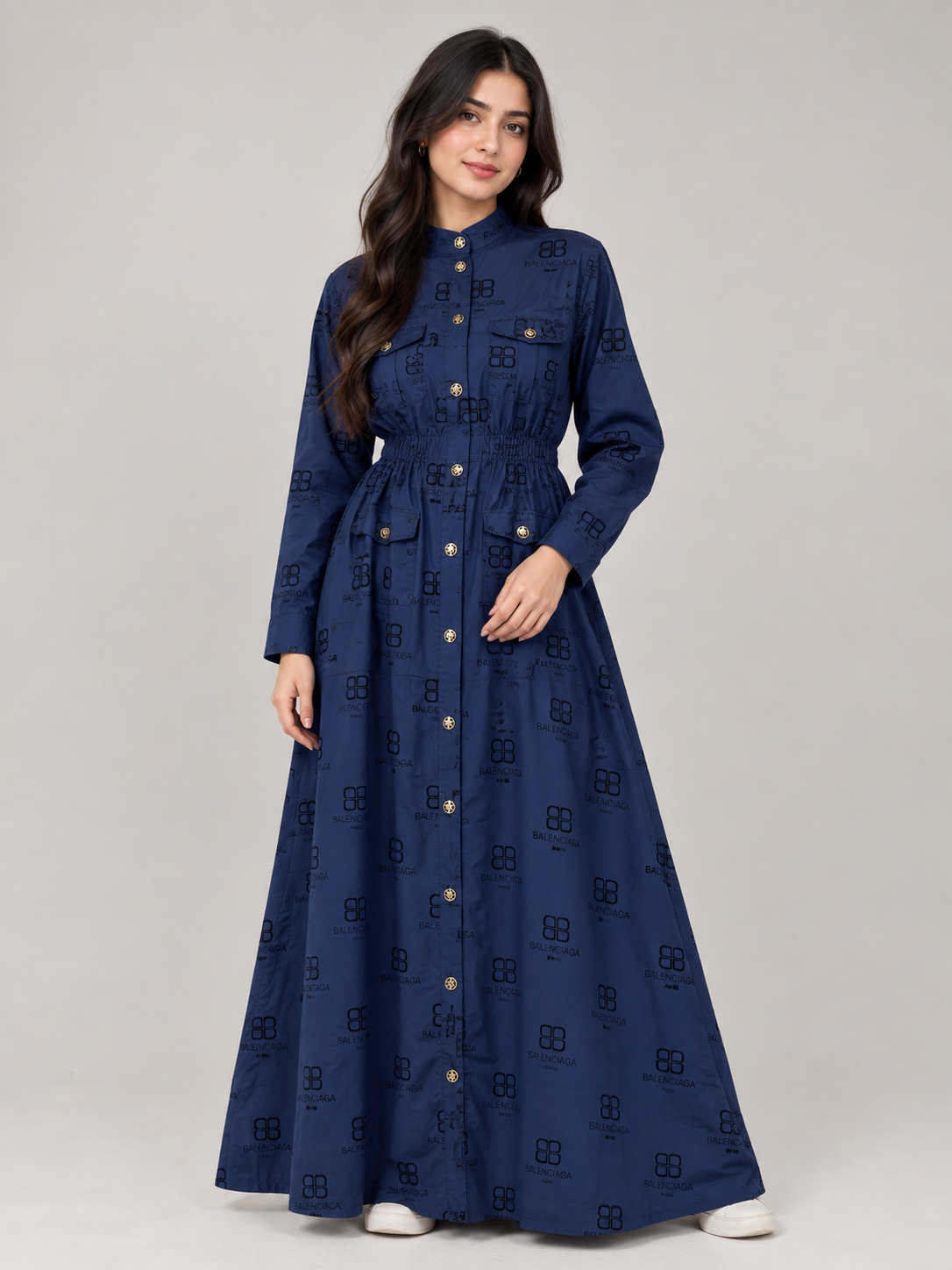 Balenciaga Inspired Printed Maxi Shirt Dress — Navy Blue