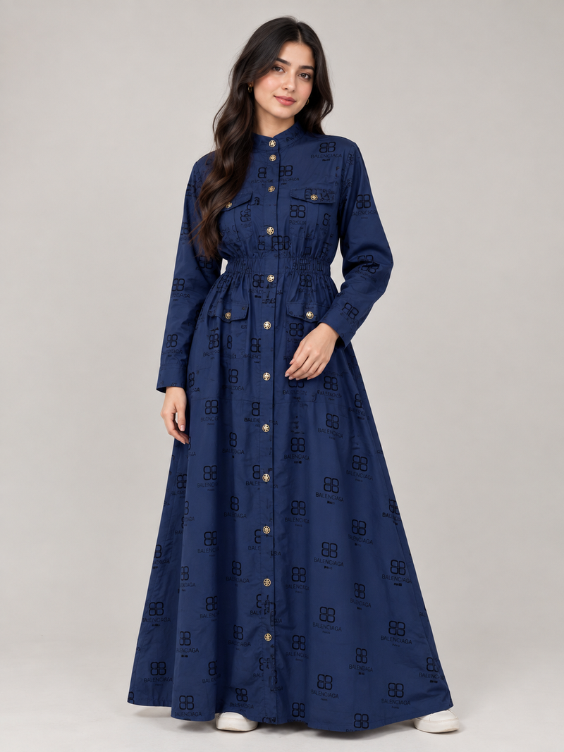 Balenciaga Inspired Printed Maxi Shirt Dress — Navy Blue