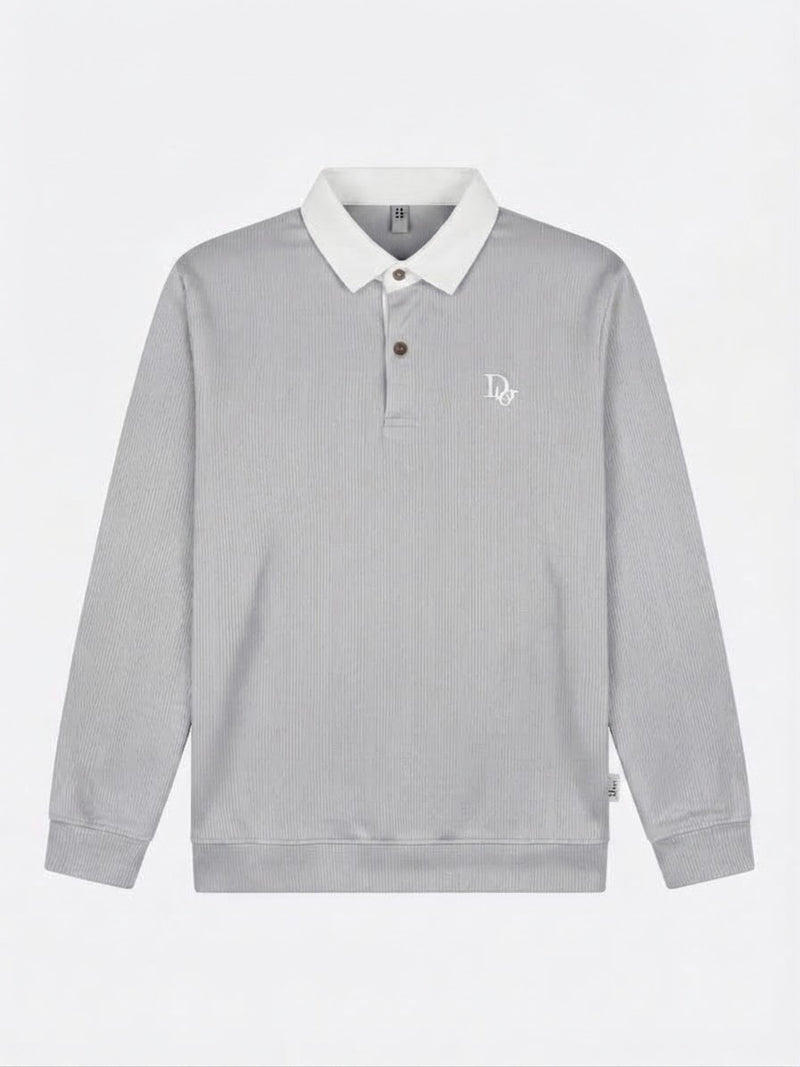 Ribbed Long-Sleeve Rugby Shirt — Light Grey