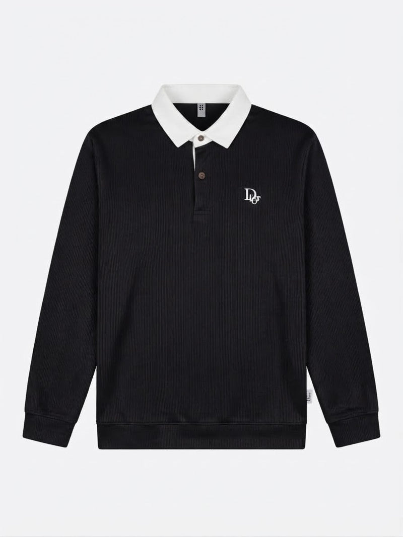 Ribbed Long-Sleeve Rugby Shirt — Black