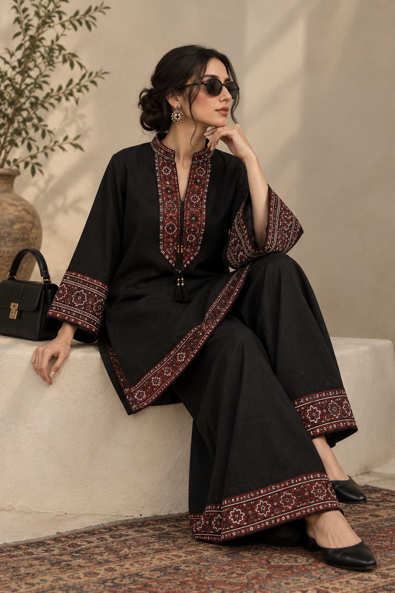 Jet Black Ajrak Khaddar Co-Ord Set - Female