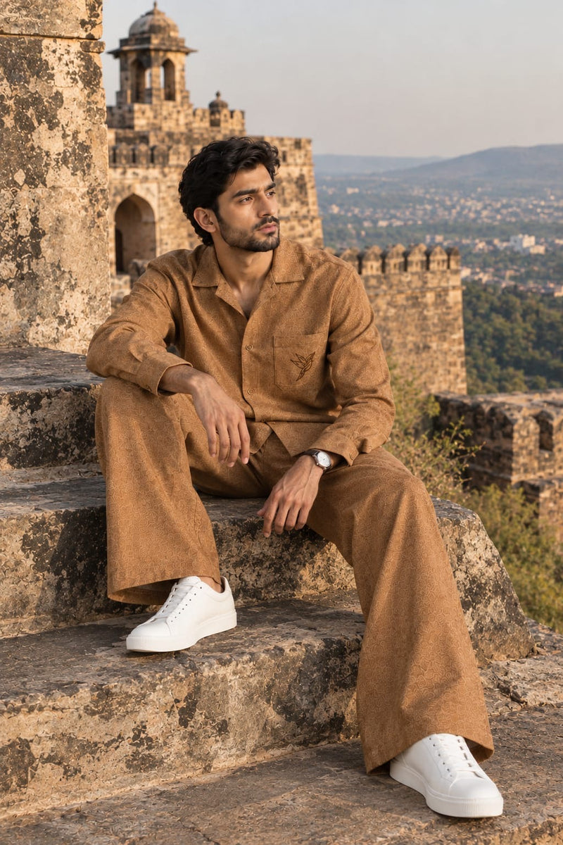 Camel Textured Khaddar Co-Ord Set - Male