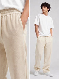 Waffle Knit Relaxed Straight Trousers — Off White