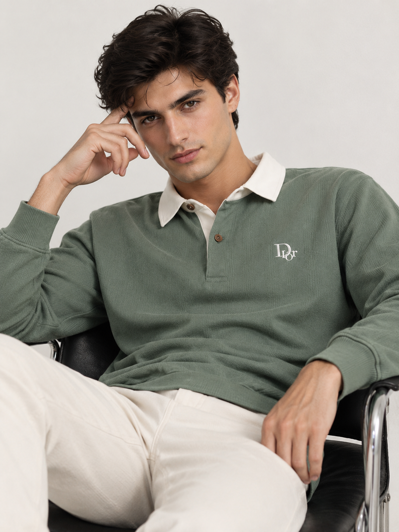 Ribbed Long-Sleeve Rugby Shirt — Sage Green