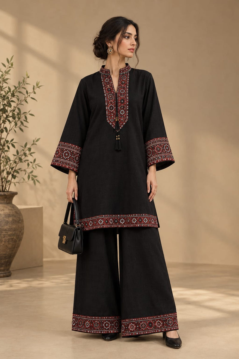Jet Black Ajrak Khaddar Co-Ord Set - Female