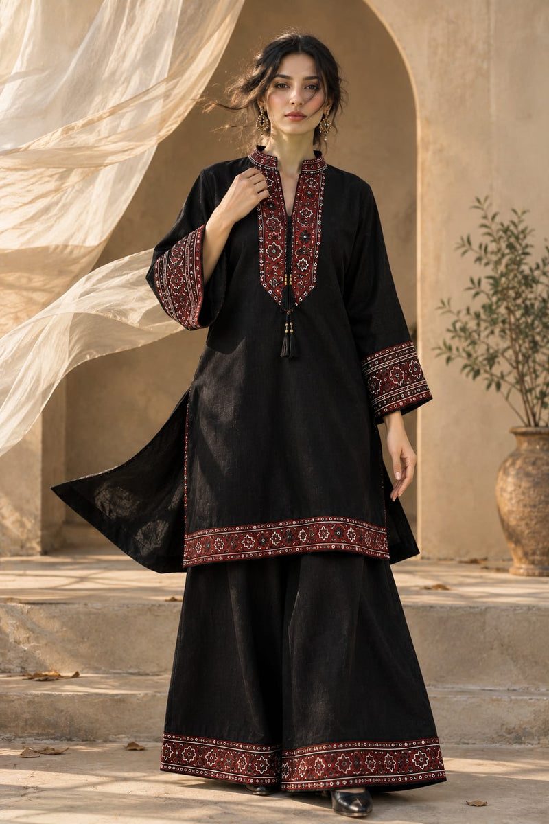 Jet Black Ajrak Khaddar Co-Ord Set - Female
