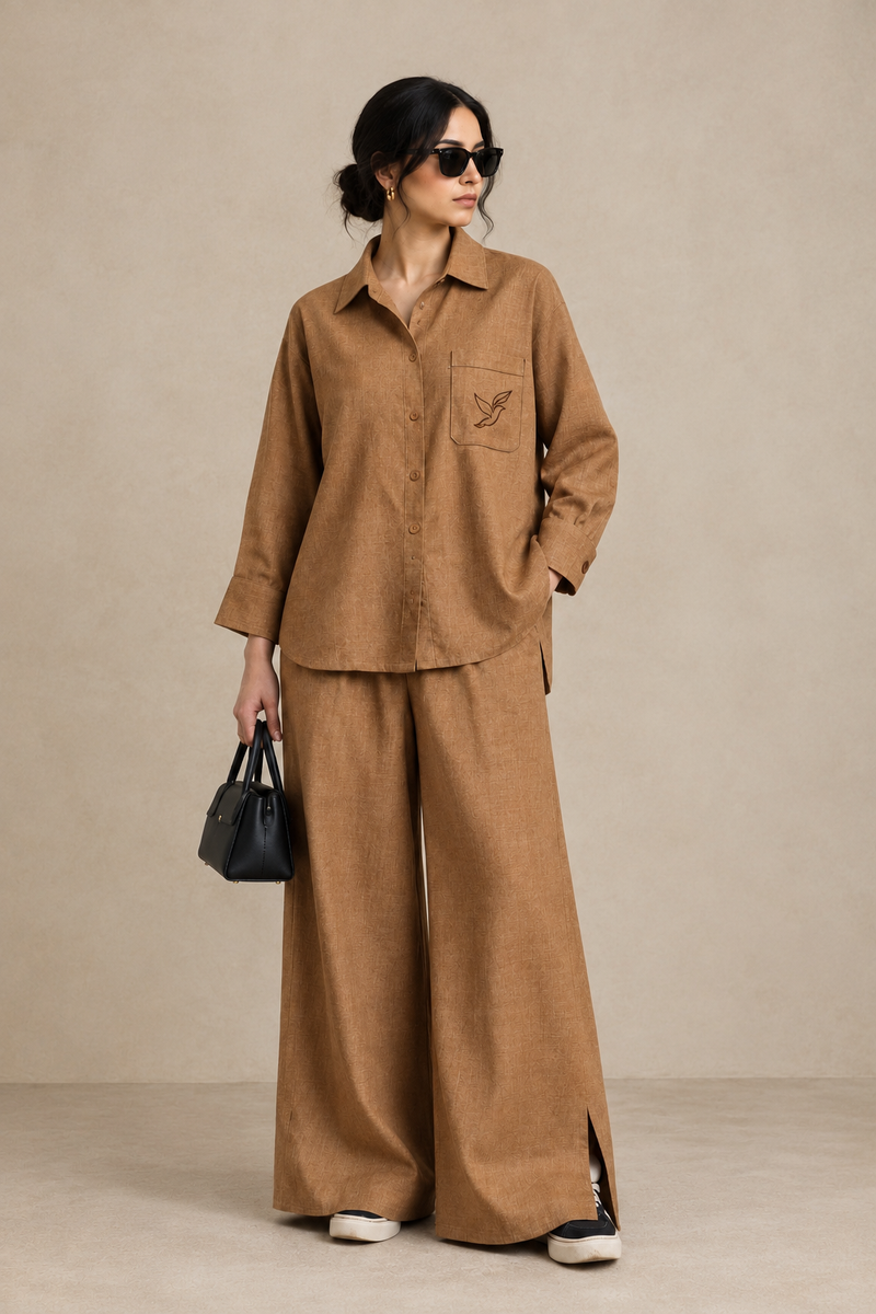 Camel Textured Khaddar Co-Ord Set - Female