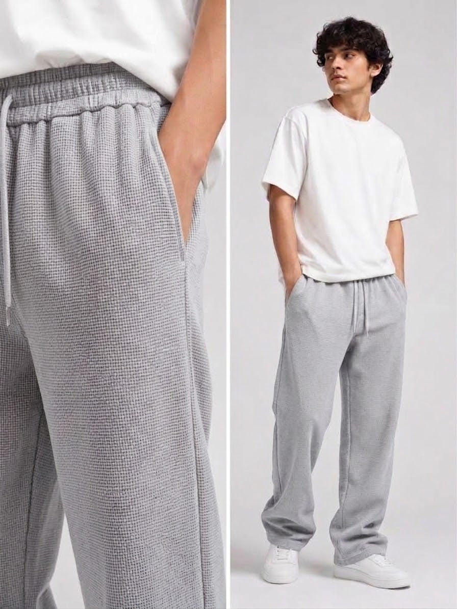Waffle Knit Relaxed Straight Trousers — Light Grey