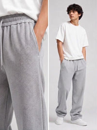 Waffle Knit Relaxed Straight Trousers — Light Grey