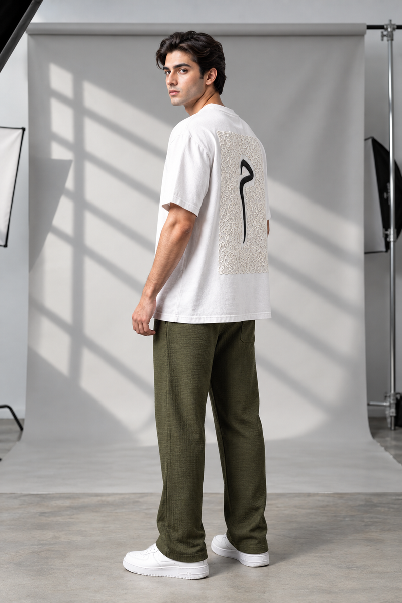 Minimalist Embroidered Meem – Oversized White Tee