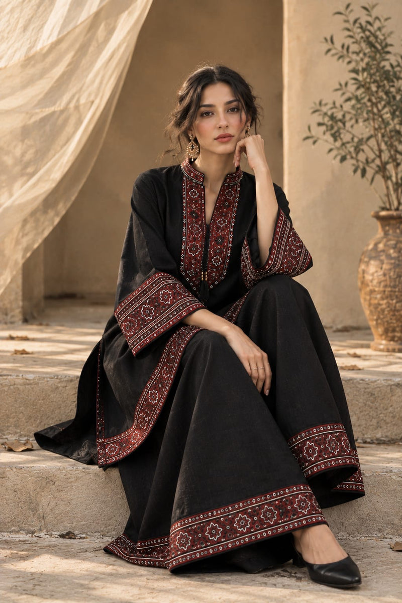 Jet Black Ajrak Khaddar Co-Ord Set - Female