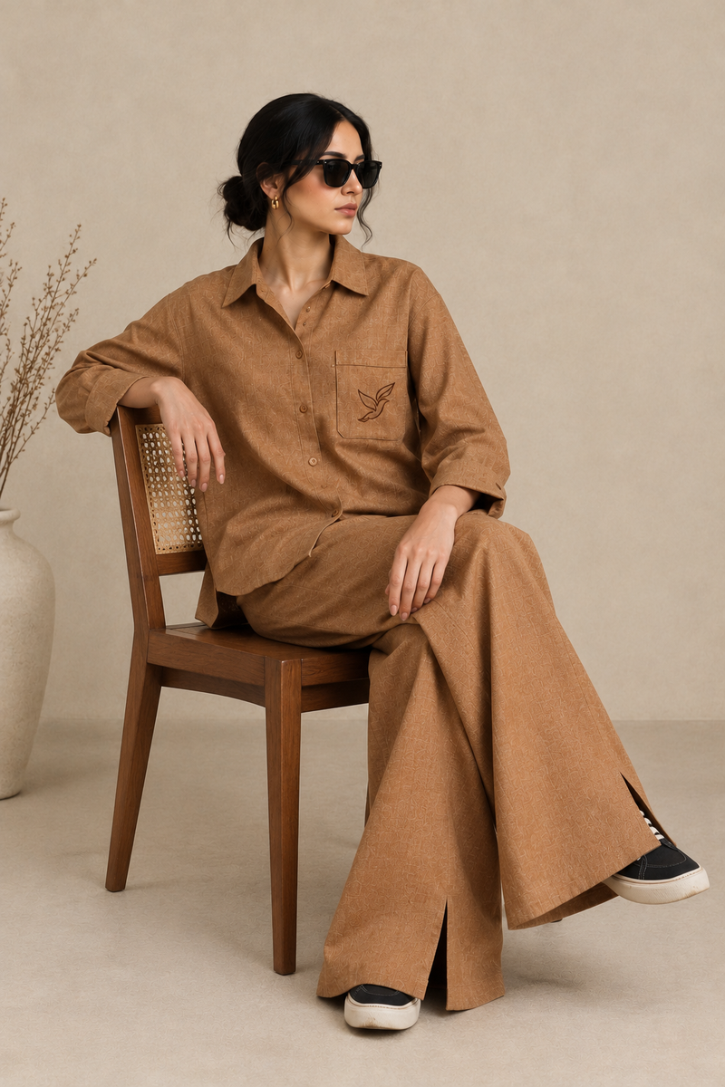 Camel Textured Khaddar Co-Ord Set - Female