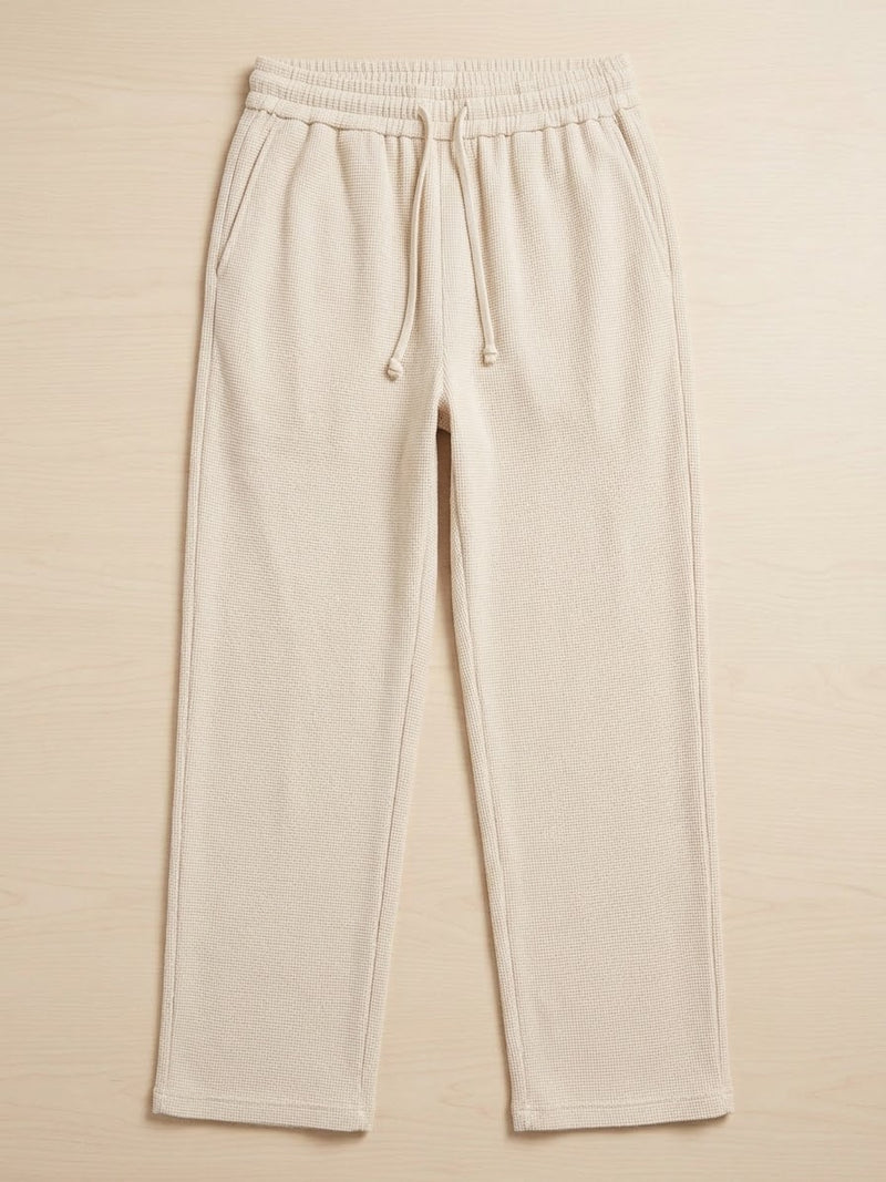 Waffle Knit Relaxed Straight Trousers — Off White