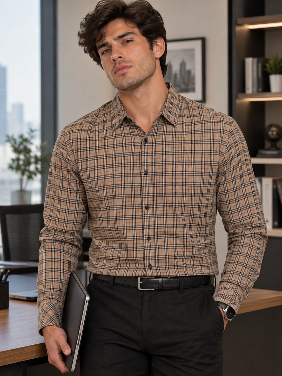 Classic Plaid Long-Sleeve Shirt — Beige & Brown