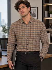 Classic Plaid Long-Sleeve Shirt — Beige & Brown