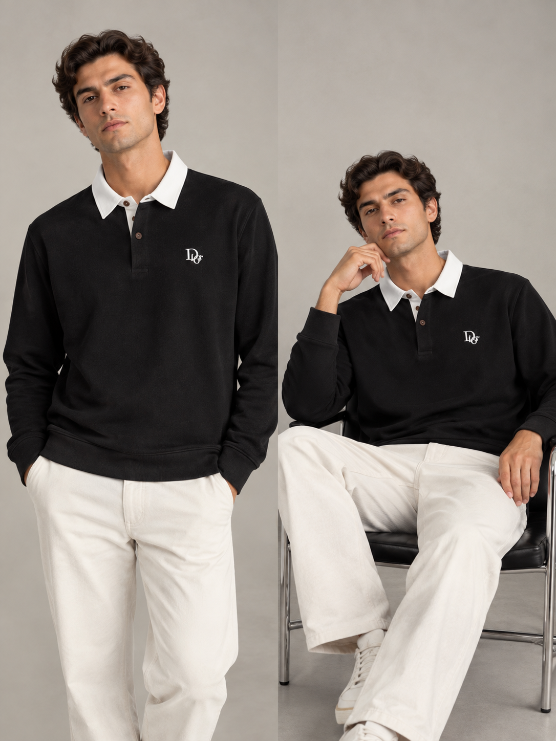 Ribbed Long-Sleeve Rugby Shirt — Black