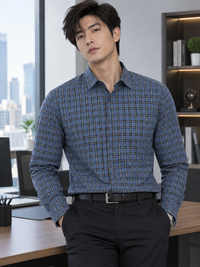 Classic Plaid Long-Sleeve Shirt — Dusty Blue