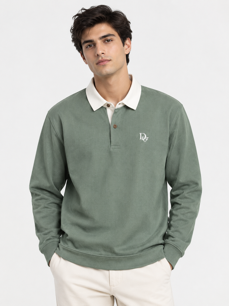 Ribbed Long-Sleeve Rugby Shirt — Sage Green