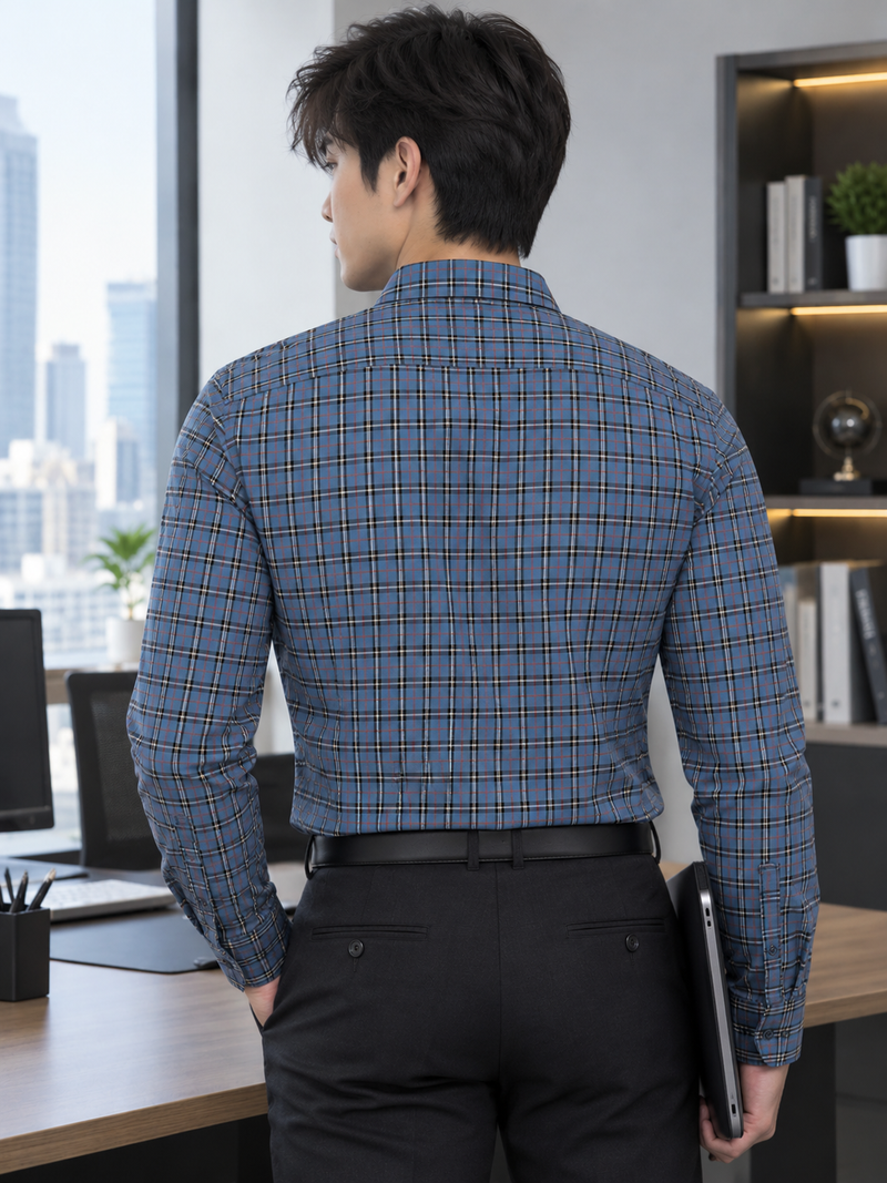 Classic Plaid Long-Sleeve Shirt — Dusty Blue