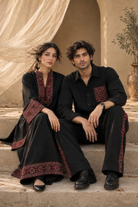 Jet Black Ajrak Khaddar Co-Ord Set - Female