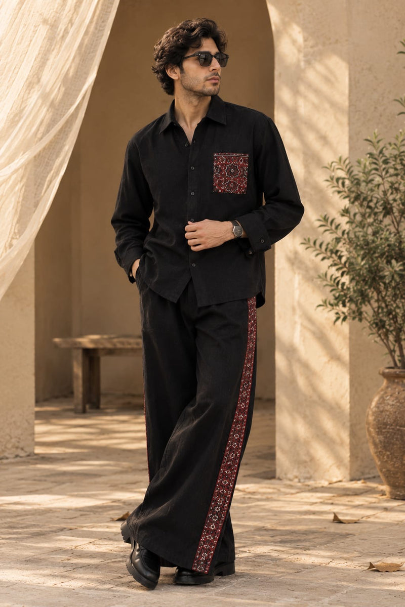 Jet Black Ajrak Khaddar Co-Ord Set - Male