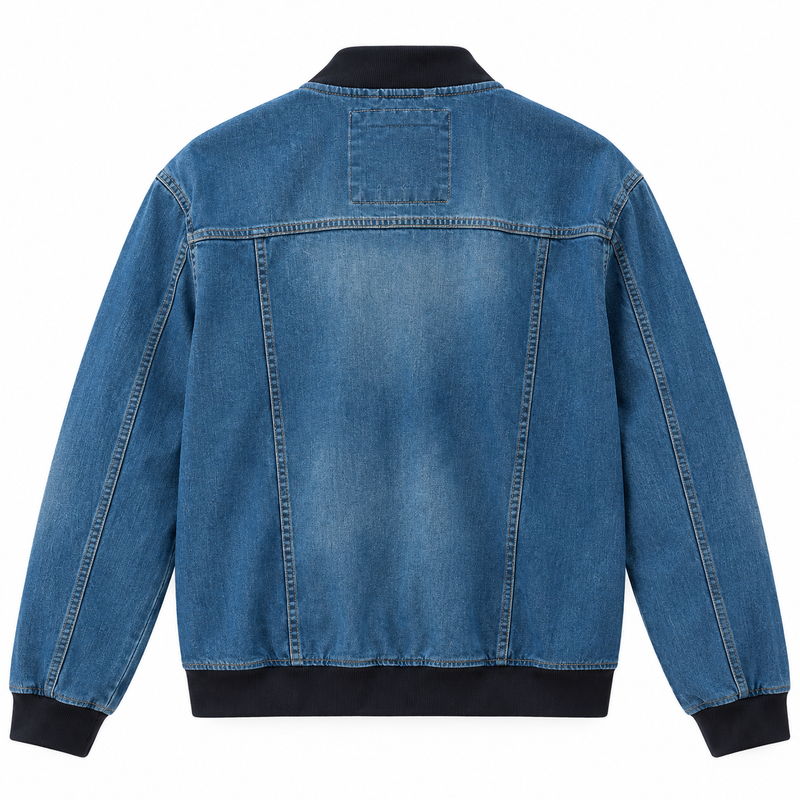 Panchiii Denim Bomber Jacket with Black Rib Knit Trim