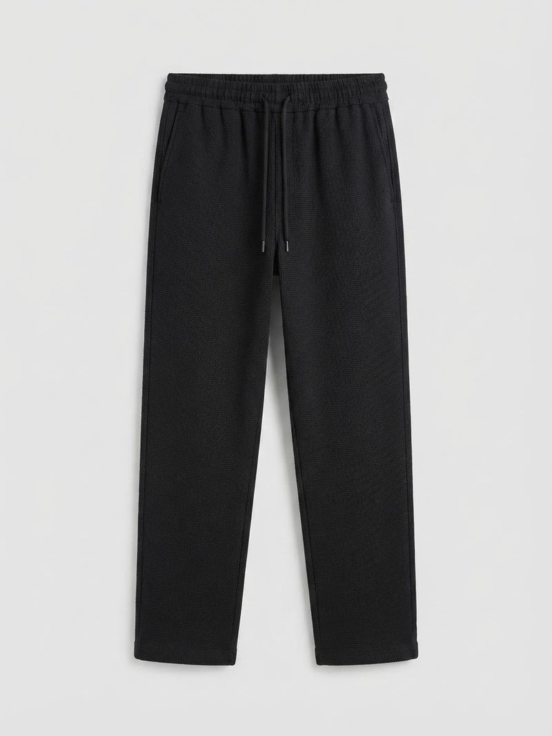 Waffle Knit Relaxed Straight Trousers — Black