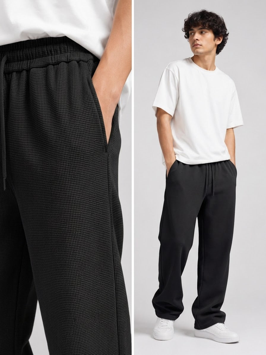Waffle Knit Relaxed Straight Trousers — Black