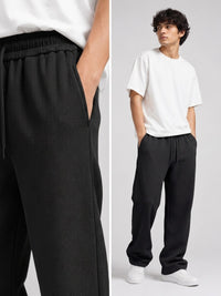 Waffle Knit Relaxed Straight Trousers — Black