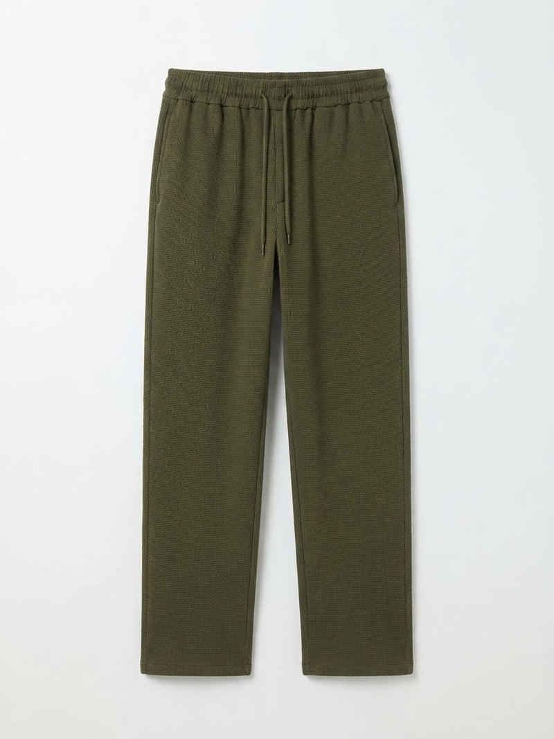 Waffle Knit Relaxed Straight Trousers — Army Green