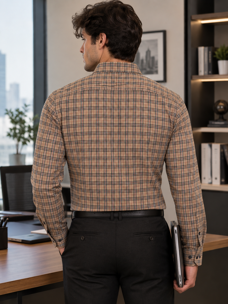 Classic Plaid Long-Sleeve Shirt — Beige & Brown