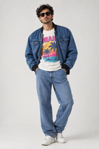 Panchiii Denim Bomber Jacket with Black Rib Knit Trim