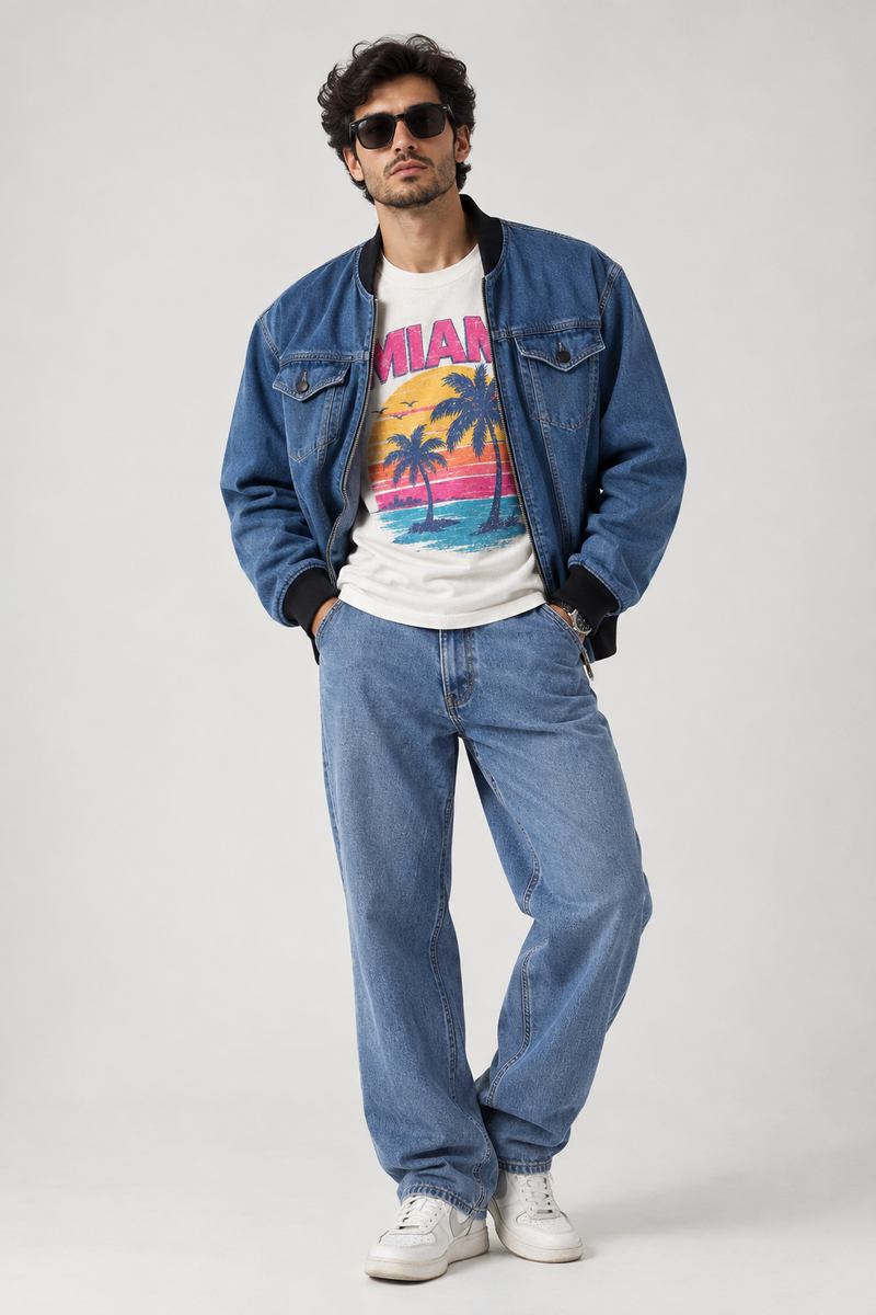 Panchiii Denim Bomber Jacket with Black Rib Knit Trim