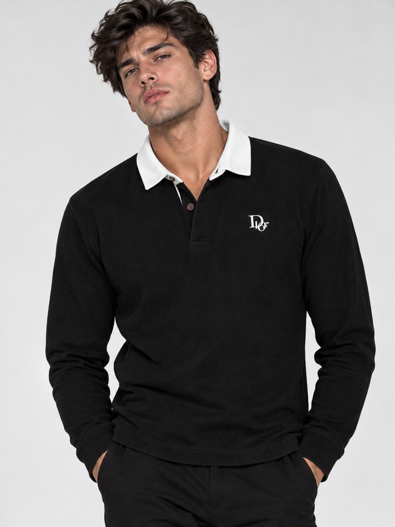 Ribbed Long-Sleeve Rugby Shirt — Black