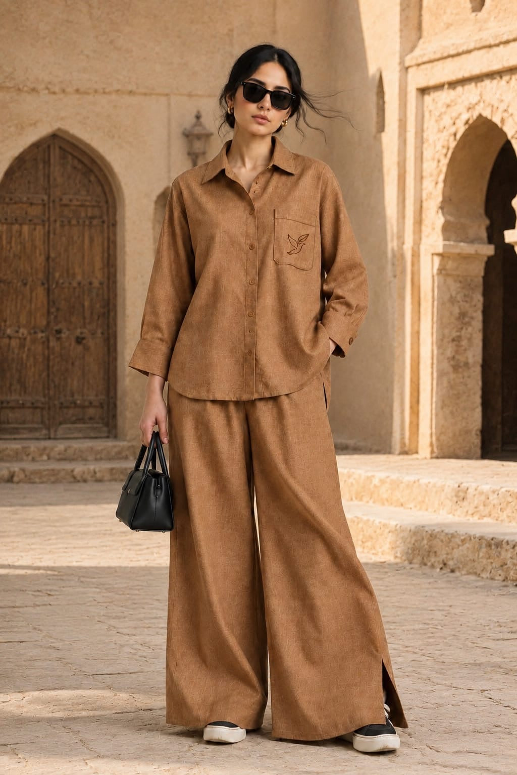 Camel Textured Khaddar Co-Ord Set - Female