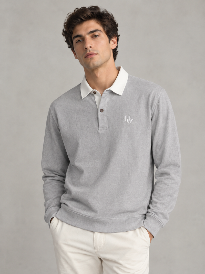 Ribbed Long-Sleeve Rugby Shirt — Light Grey