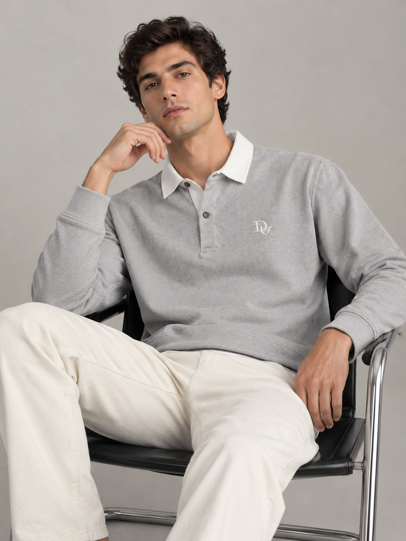 Ribbed Long-Sleeve Rugby Shirt — Light Grey