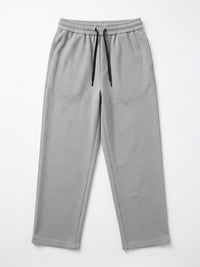 Waffle Knit Relaxed Straight Trousers — Light Grey
