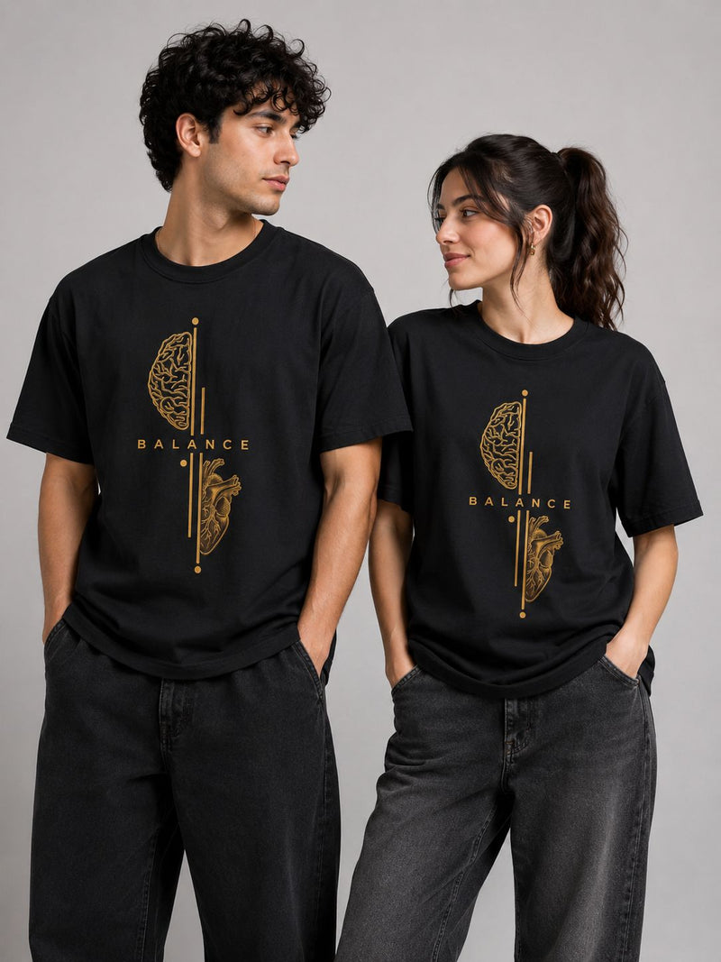 Balance" Graphic T-Shirt – Black Minimalist Brain & Heart Tee