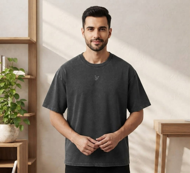 Men's Vintage Washed Oversized T-Shirt with Arabic Numerals Back Print